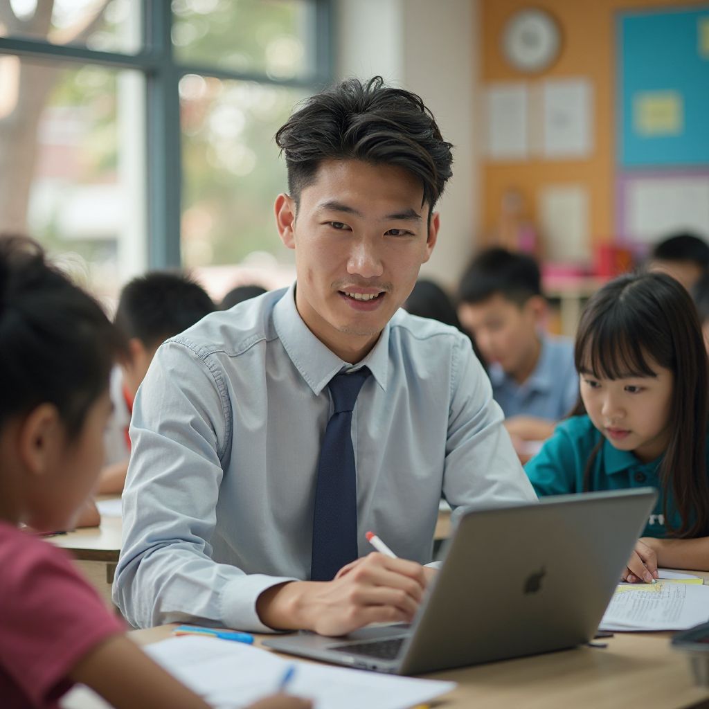 David Kim teacher with students